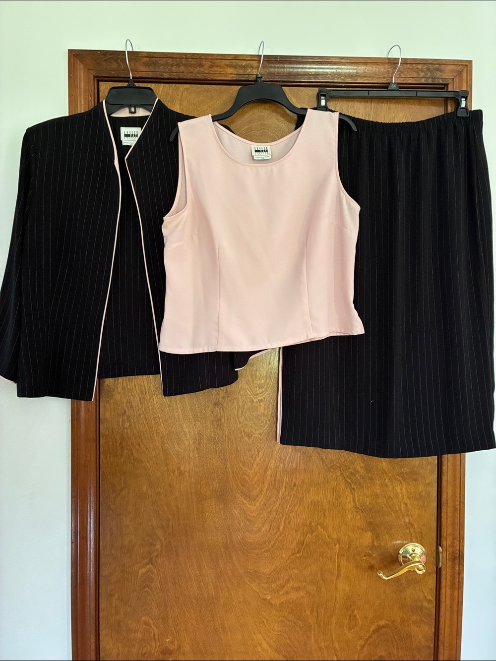 Leslie Fay Three-Piece Pinstripe Skirt Suit with Blush Shell Size 16 Petite